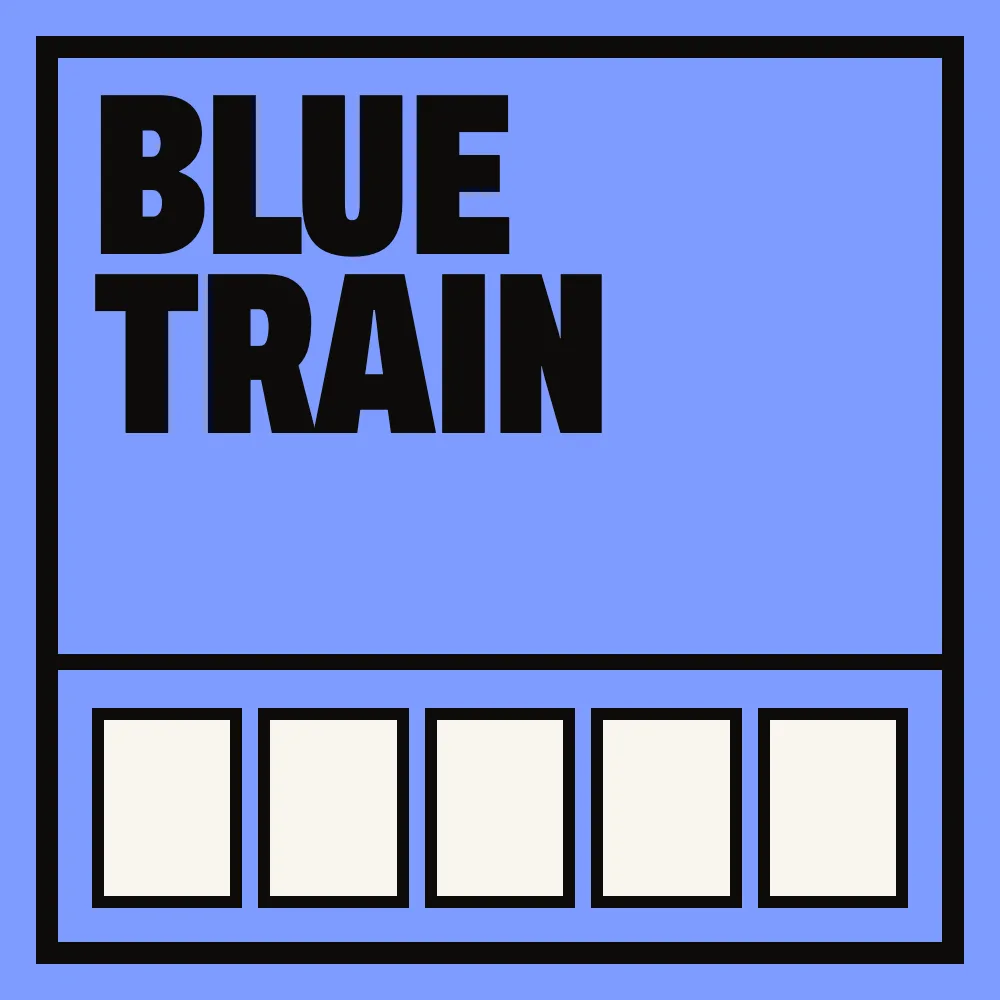 Portada de Blue Train: el títol en lletres negres sobre fons blau