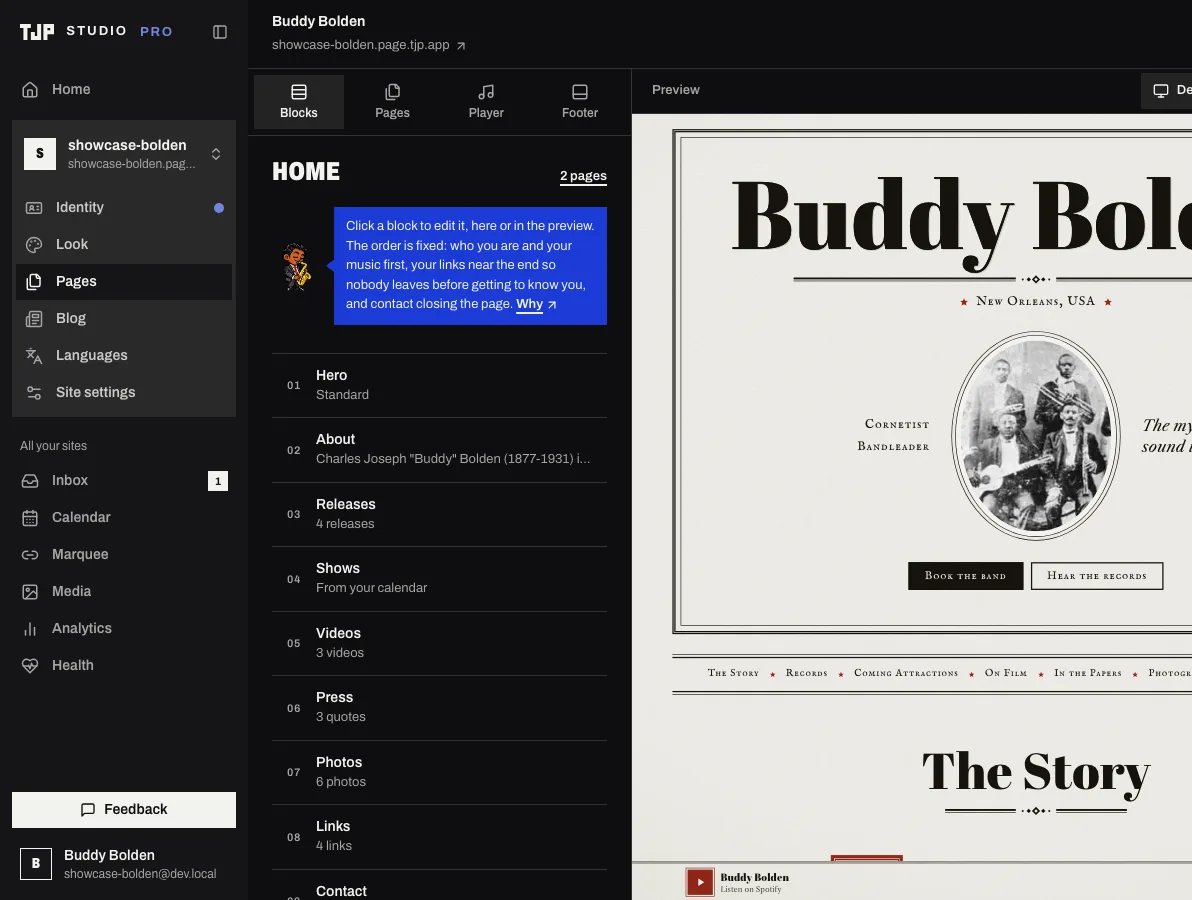 The list of the home page’s blocks in Studio, in Pages’ order, with a note from Dex