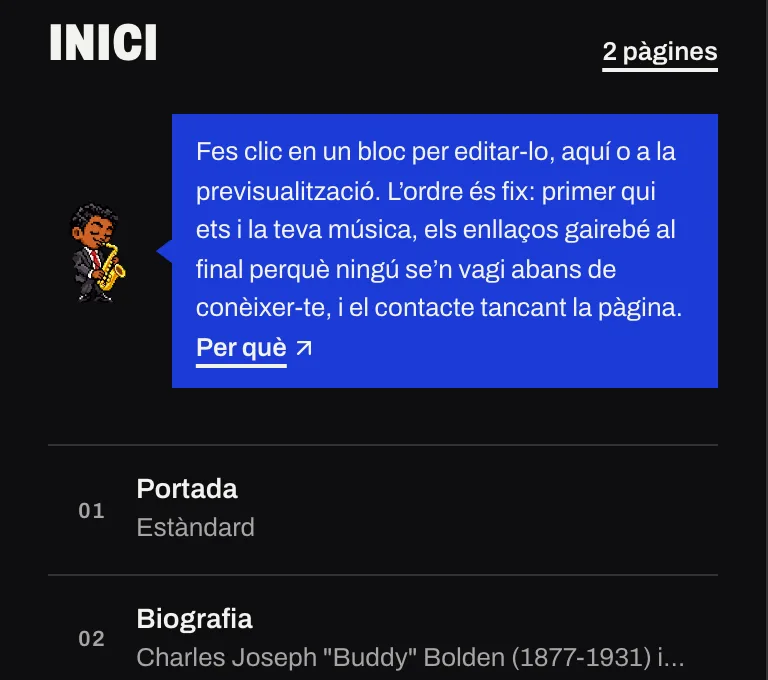 La llista de blocs de la pàgina d’inici a Studio, en l’ordre de Pages, amb una nota d’en Dex