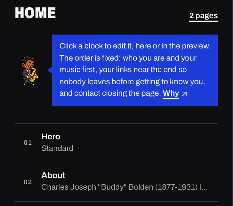 The list of the home page’s blocks in Studio, in Pages’ order, with a note from Dex