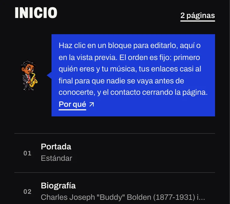 La lista de bloques de la página de inicio en Studio, en el orden de Pages, con una nota de Dex