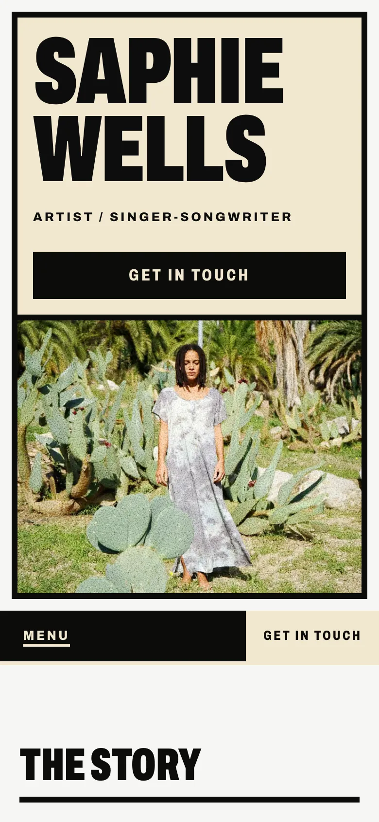 La web de la Saphie Wells, amb un botó “Get in touch” a la portada i al menú