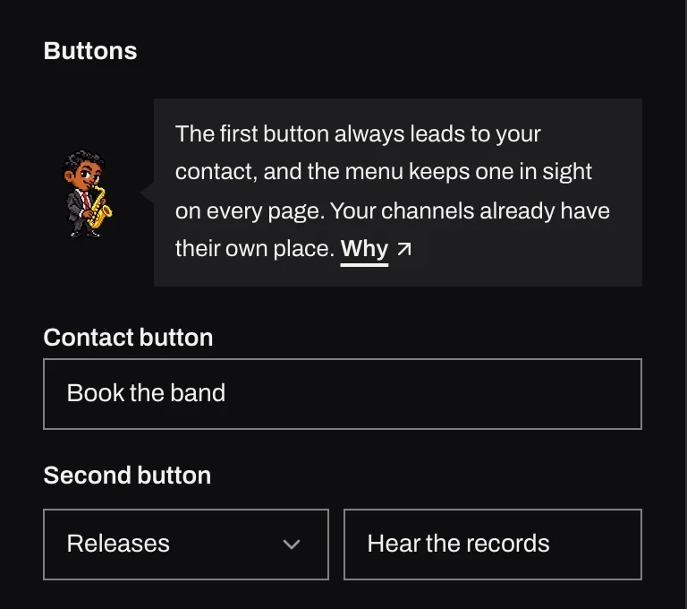 The Hero block in Studio, with the words of the contact button and the second button